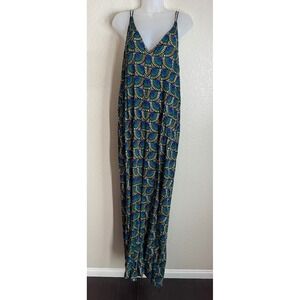 Silk & Salt Womens XL Jumpsuit Blue Geometric Fan Print Wide Leg Low Back NEW